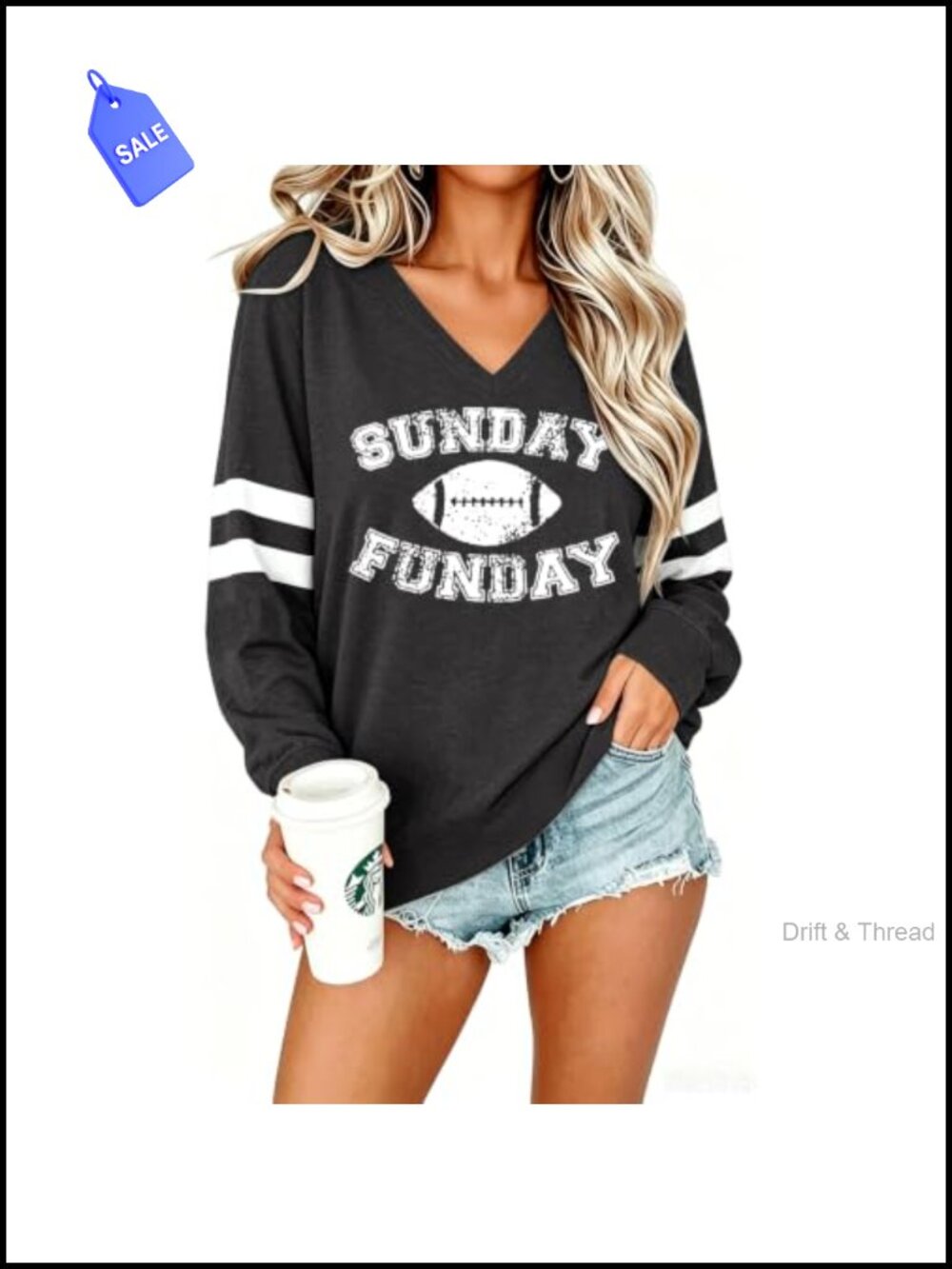 Women's Game Day Sweatshirt V Neck Sunday Funday Football Pullover